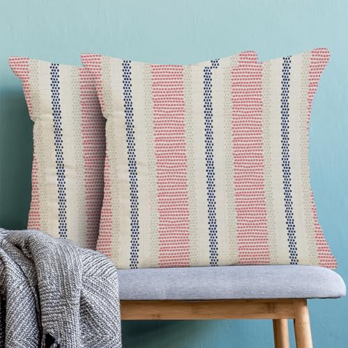 AEIOAE Hot Pink Blue Summer Outdoor Pillow Covers 16 x 16 Inch,Boho Polka Dots Striped Decor Throw Pillows for Couch Bed,Geometric Modern Farmhouse Decorative Pillowcase Linen Cushion Cover Set of 2 - color: Hot Pink Navy Blue, size: 16" x 16" (Pack of 2)