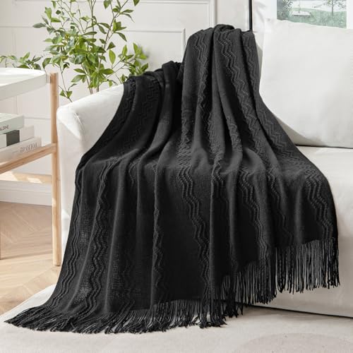 MIULEE Black Knitted Boho Throw Blanket for Couch 50"x60" - color: Black, size: 50" x 60"