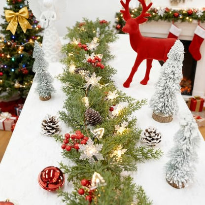 6FT Christmas Garland with Lights Battery Operated Lighted Christmas Garland with Pine Cones Red Beries,Twinkle Snowflake& Tree Mixed LED Lights Mantle Xmas Christmas Decoration Indoor Outdoor