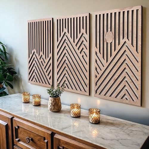qmmp Modern Wooden Wall Sculptures - Set of 3 - Home Decor Accent - Large Wall Art for Living Room, Bedroom, Office - Easy Installation (Oak, Large - Mountain and Sun) - color: Oak, size: Large - Mountain and Sun