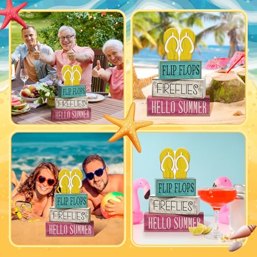 Yuntau 4 Pcs Summer Table Decorations Wood Block Sign Tiered Tray Decor - style: Flip Flops