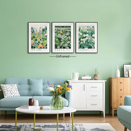 XLARTMY Flower Market Wall Art Prints Canvas Green Yellow White Floral Paintings Colorful Botanical Travel Flower Posters for Home Decor Pictures Set of 3 for Living Room Bedroom 16x24in Unframed - color: Flower Market GReen, size: 16x24in Poster