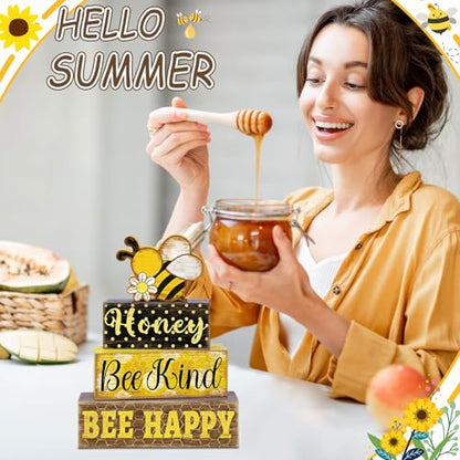 Britimes Tiered Tray Decor Set, 4 Pack, Wooden Table Sign, Bee Daisy - style: Bee