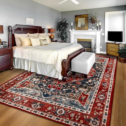 YJ.GWL Large Area Rug for Living Room, 6x9 Machine Washable Boho Rug for Bedroom, Low Pile Lightweight Thin Rugs Floral Vintage Distress Print Pattern Carpet for Dining Room, Red - color: Red, size: 6' x 9' (Rectangular)