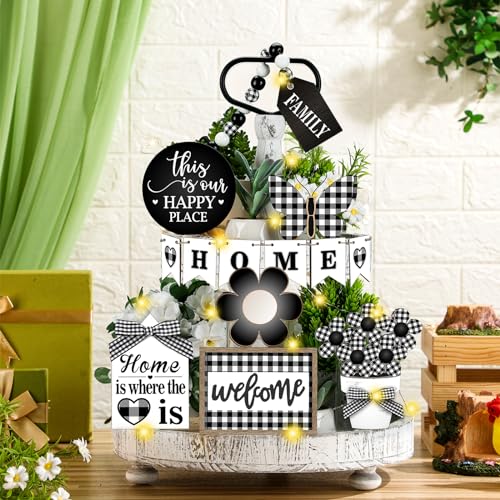 Fairysandy 11 Pcs Home Tiered Tray Decor Floral Rustic Wooden Signs - style: Novelty