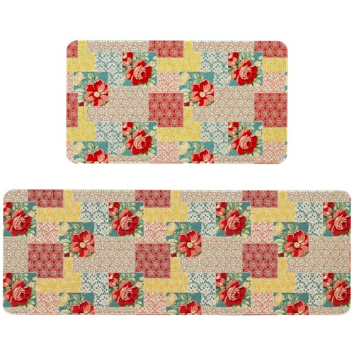 Boho Floral Kitchen Mats Set of 2 Non Slip Bohemia Flowers Kitchen Rugs Farmhouse Home Decor Low-Profile Washable Floor Mat 17x47 Inch and 17x29 Inch - color: Boho Kitchen Mat-06, size: 17x47 inch and 17x29 inch