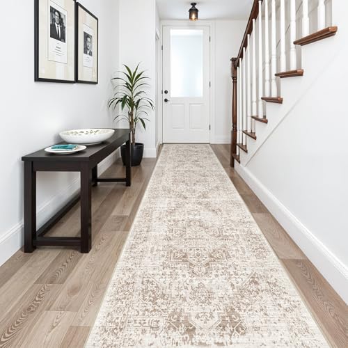 2'6"x14 Washable Long Runner Rug: Vintage Non Slip Hallway Rug IvoryBeige - color: Ivory/Beige, size: 2'6" x 14' (Runner)