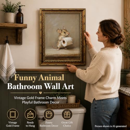 Funny Bathroom Wall Art, Vintage Gold Framed Mouse With Toilet Paper, 16x24 - color: Funny Mouse, size: 24"L x 16"W