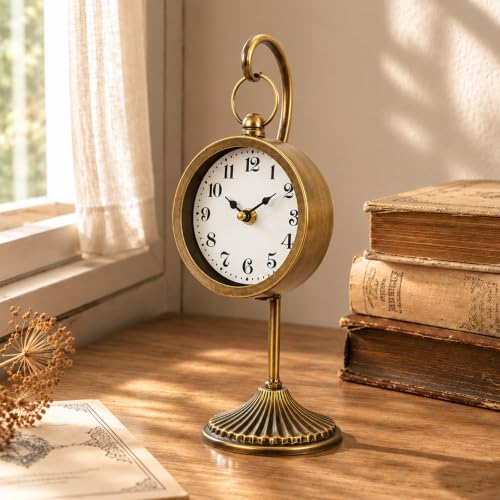 Vintage Gold Metal Table Clock, Small Farmhouse Table Clock, Silent Battery Operated Non-Ticking Desk and Shelf Clocks for Living Room, Kitchen, Shelf, Bedroom Decor - color: Gold-2