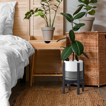 D'vine Dev Ceramic Pot with Ebony Wood Stand, White/Grey, 8 in, 55-B-M-6 - color: White/Grey Pot + Ebony Stand, size: 8 Inch