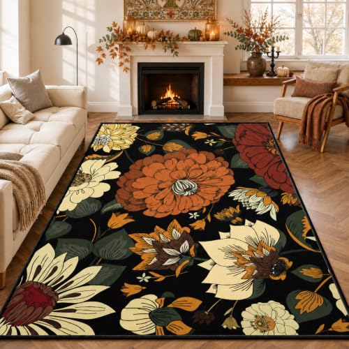 Tyrot Black Boho Floral 5x7 Area Rug, Washable Mid Century Modern Style - color: Warm Ember, size: 5' x 7' (Rectangular)