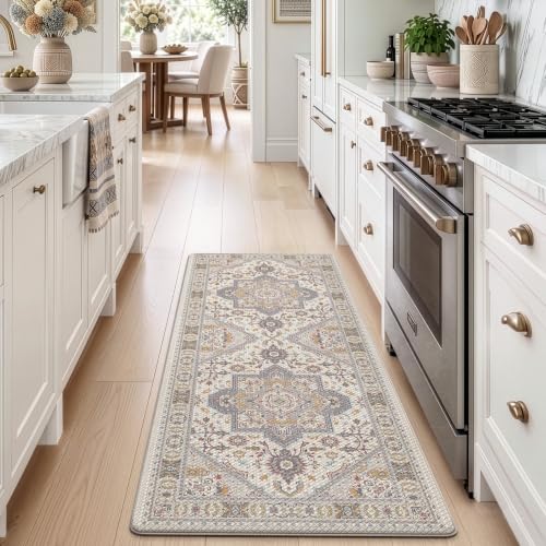LUMI Kitchen Floor Mat Cushioned Anti Fatigue Runner Rug, 24"x59" - color: Cream & Multi, size: 59"L x 24"W x 0.4"Th