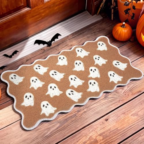 Halloween Door Mat Outdoor Scalloped Ghost Rug Cute Faux Coir Welcome Mat - style: Ghost
