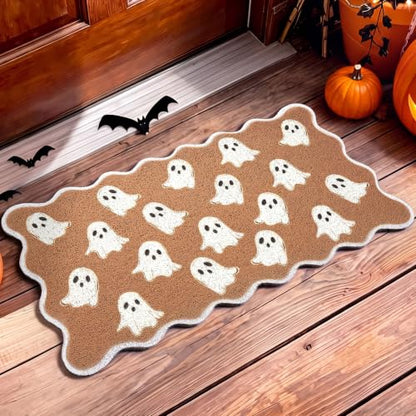 Halloween Door Mat Outdoor Scalloped Ghost Rug Cute Faux Coir Welcome Mat - style: Ghost
