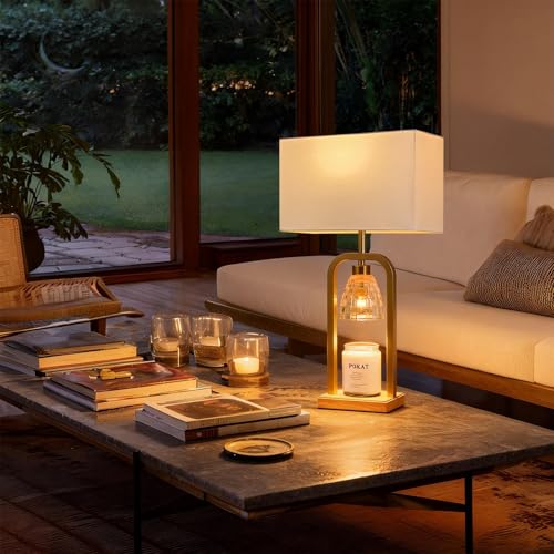 PoKat 2 in 1 Gold Table Lamp with Candle Warmer, Timer & Dimmer, Modern - color: Set of 1 - Brushed Gold With Wood-print Finish