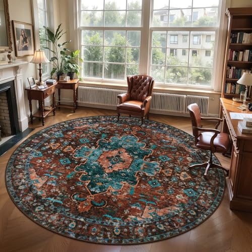 Ciicool 8ft Round Boho Large Area Rug,Washable Circle Rugs for Living Room - color: Brick Red/Dull Teal, size: 8' (Round)