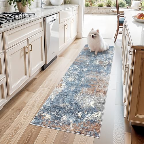 2x6 Non-Slip Washable Kitchen Runner Rug – Modern Abstract Carpet Runner for Hallway Bedroom Bathroom Laundry Room Entryway – Low-Pile Thin Rubber Backed（Blue Rust,2x6） - color: Blue Rust, size: 2' x 6' (Rectangular)