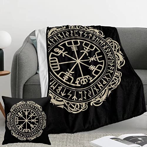 Viking Throw Blanket 80x60 Inch, Viking Design Magical Runic Compass Lightweight Soft Microfiber Throw Blanket with 18x18 Inch Pillowcase Perfect for Bed and Sofa - color: Viking Design Magical Runic Compass, size: 80"x60" Blanket for Adults