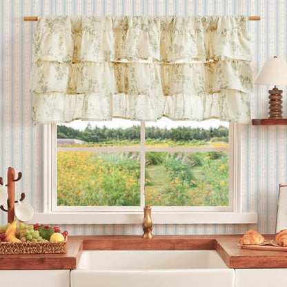jinchan Alisa Ruffled Floral Valance Curtain 18 Inch 1 Panel Green on Linen - color: Alisa Green on Linen
