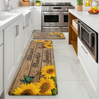 MAYHMYO Sunflower Kitchen Decor Mat Set, 2PC Kitchen Mats, Anti Fatigue - color: Wood Grain