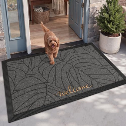 LUMI Outside Welcome Door Mat 36x59, Non-Slip Heavy Duty Dirt Trapper, Grey - color: Grey Gold Monstera, size: 36"x59"