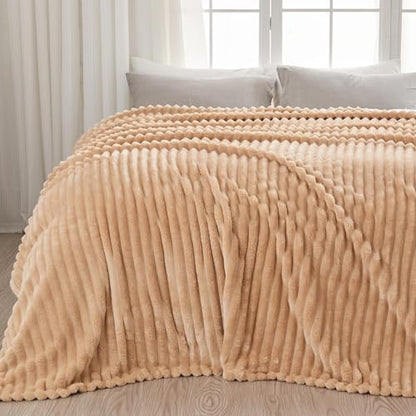 NEWCOSPLAY Fleece Ribbed Cozy Queen Blanket for Couch, Brown, 90"x90" - color: Brown Ribbed, size: Queen(90"x90")
