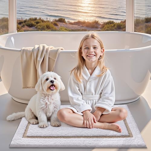 LUMI Bathroom Rug, Non Slip Absorbent Bath Mat, White Beige, 24"x36" - color: White+beige, size: 24"x36"