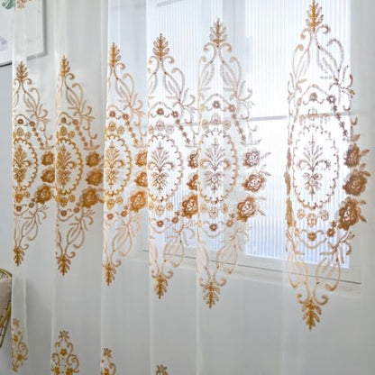 Amidoudou Rod Pocket Curtains European Luxury Sheer Embroidered Window Screening for Living Room Bedroom Tulle Curtains (Gold,52" W x 96" L (Pack of 2)) - color: Gold, size: 52"W x 96"L (Pack of 2)