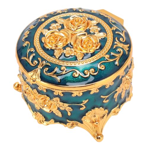 Vintage Round Metal Jewelry Box, Exquisite Hand-Carved Gold Pattern, Trinket for Rings, Earrings, Necklaces-Ideal Retro Keepsake or