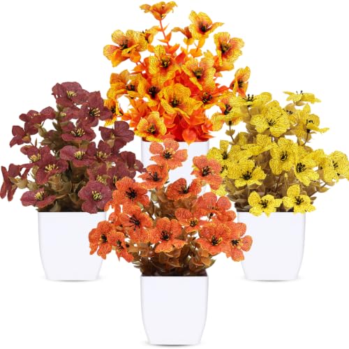 CEWOR 4 Pack Mini Fall Artificial Potted Plants, Fake Autumn Daisy Flowers with White Plastic Pots, Small Faux Floral Arrangement for Office Desk Bathroom Bedroom Table Decor - color: Fall Orchid