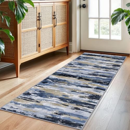 Abstract 2x5 Rug Washable Hallway Runner Non Slip Kitchen Runner | Navy Blue Multi;Thin Printed Faux Wool Entryway Runner;5ft Carpet Runners;Non Skid Runners for Bedroom,Laundry Room - color: Navy / Blue / Taupe, size: 2' x 5' (Runner)