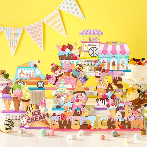 Marsui 12 Pcs Summer Ice Cream Wood Table Decor, Tiered Tray Signs - style: Ice Cream