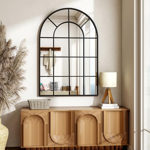 24"×36" Windowpane Arched Wall Mirror with Metal Frame, Black - size: 36"L x 24"W