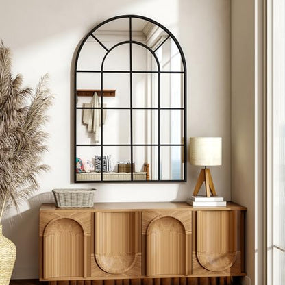 24"×36" Windowpane Arched Wall Mirror with Metal Frame, Black - size: 36"L x 24"W