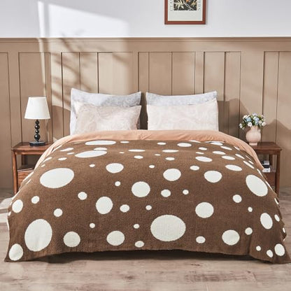 CozeCube Reversible Knitted Throw Blanket, Brown White Polka Dot, 50"x60" - color: D-brown and White, size: 50"x60"