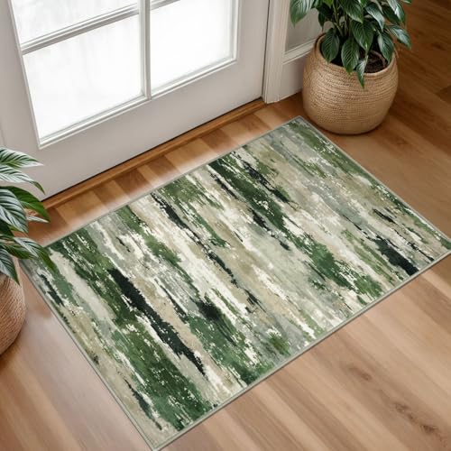 Abstract Washable Entryway Rug 2x3 Area Rug Non Slip Door Mat | Green;Thin Printed Faux Wool Kitchen Rugs;Small Rugs;Indoor Front Door Rug;Entry Rug;Floor Carpet;Throw Rugs for Entrance - color: Forest Green / Sage / Ivory, size: 2' x 3' (Rectangular)
