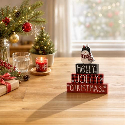Smile 4 Pcs Wooden Christmas Block Signs, Holly Jolly Snowman Decor - style: Holly Jolly