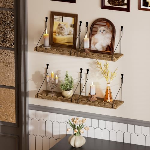 QsQueen Scalloped Floating Shelves for Wall, 4 Pack 11.8 inch Paulownia Wood Wall Shelves with Decorative Metal Rail, Rustic Display Shelf for Plants, Bathroom, Bedroom, Living Room & Home Decor - color: Brown