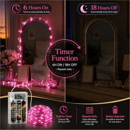16FT 50LED Fairy Lights Battery Operated (Included), 2 Packs - color: Pink, size: 2 Pack - Batteries Included