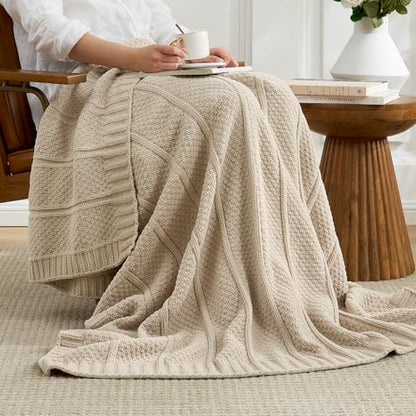Amélie Home Chenille Knit Throw Blanket, Sandy Beige 50"x60" - color: Sandy Beige, size: 50" X 60"