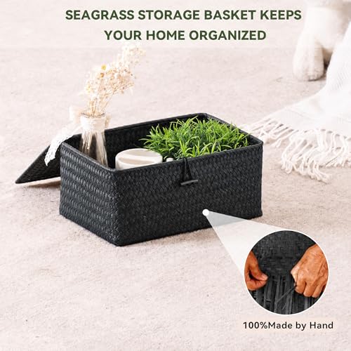 Nonam Wicker Storage Basket with Lid,Seagrass Shelf Basket Set of 3,Black - color: Standard Black* Set of 3