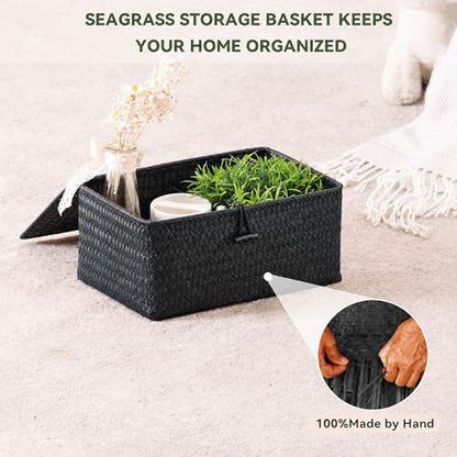 Nonam Wicker Storage Basket with Lid,Seagrass Shelf Basket Set of 3,Black - color: Standard Black* Set of 3