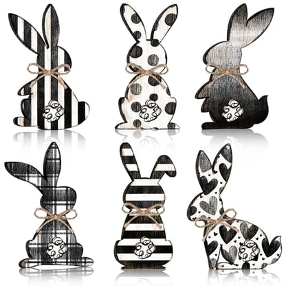 Thinkday 6 Pcs Easter Bunny Wooden Signs Rabbit Spring Table Signs for Home Office Table Wood Bunny Easter Decorations with Ribbons for Tiered Tray Mantel Shelf(Delicate Style) - style: Delicate Style