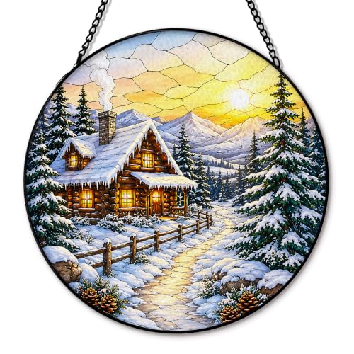 Winter Farmhouse Suncatcher Stained Glass Window Hanging, Rustic Winter Snowy Landscape Sun Catchers Indoor Window Glass Round Wall Decor, Nature Wall Art Hanging Decorations, 7.8x7.8in - color: Snow