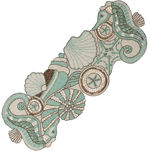 ALPHA Living HOME Handmade Beaded Runner 13x36 Inch Green Brown Table Decor - color: Green/Gold/Ivory