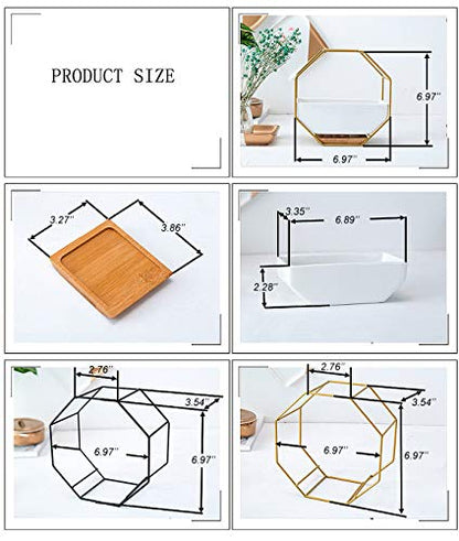 VanEnjoy 7" White Ceramic Wall Planters Vase and Copper,Drainage Hole with Bamboo Tray - Succulent Pot Air Plants Mini Cactus Artificial Flowers Hanging Geometric Hexagon Wall Decor (Black Metal)