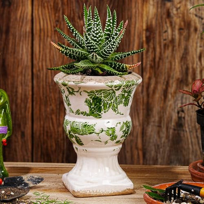 Sungmor Small Ceramic Urn Planter - Green Floral Pedestal Flower Pot - color: Green