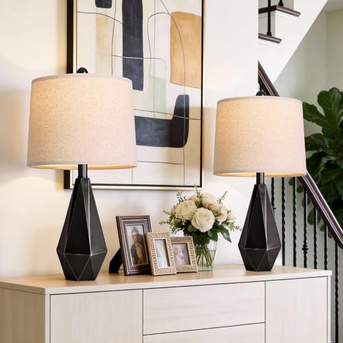 PoKat Table Lamps Set of 2 for Bedroom, 23.5'' High Farmhouse Nightstand Lamps for Living Room, Modern Bedside Lamps with Linen Shade for Office Sideboard Hallway Gift (Matte Black) - color: Medium - Light Black
