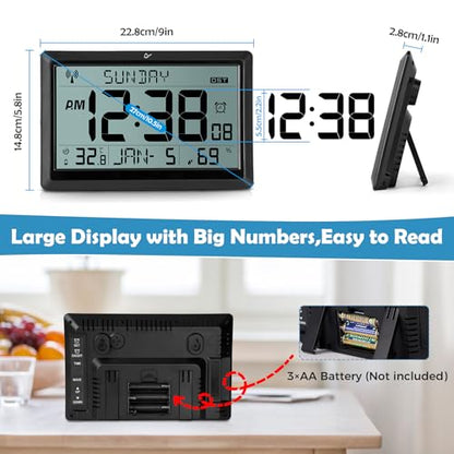 SZELAM Atomic Clock,10.5"Large Display Digital Wall Clock Battery Operated,Digital Calendar Auto Setting Desk Clocks with Indoor Temperature,Humidity,Date,Day,Auto DST for Elderly Bedroom-No backlight - color: 10.5" Atomic