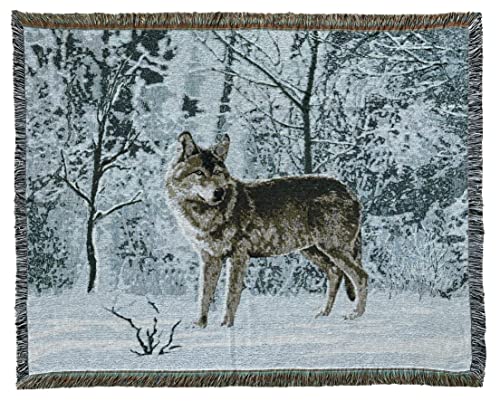 Woodlands Wolf Lodge Woven Tapestry Throw Blanket 50"x60" - color: Wolf